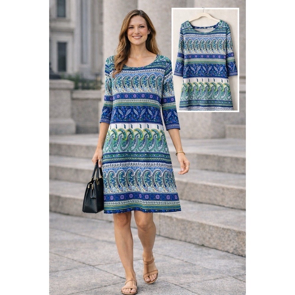 OLD NAVY Womens Dress Size L Paisley Print 3/4 Sleeve Boat Neck Sheath Blue